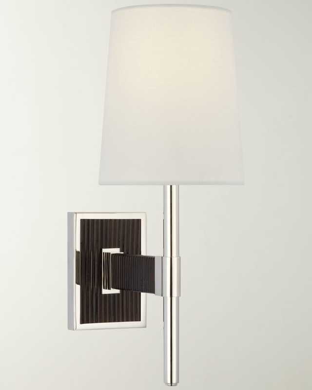 Elle Small Single Sconce In Polished Nickel And Black Rattan With Linen Shade By Suzanne Kasler